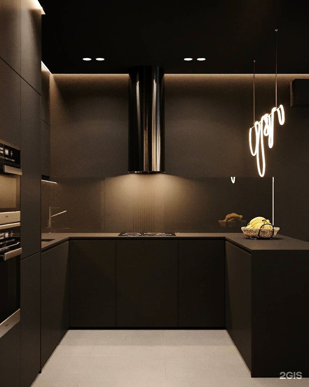 Кухня-гостиная дизайн интерьер светильники над барной стойкой