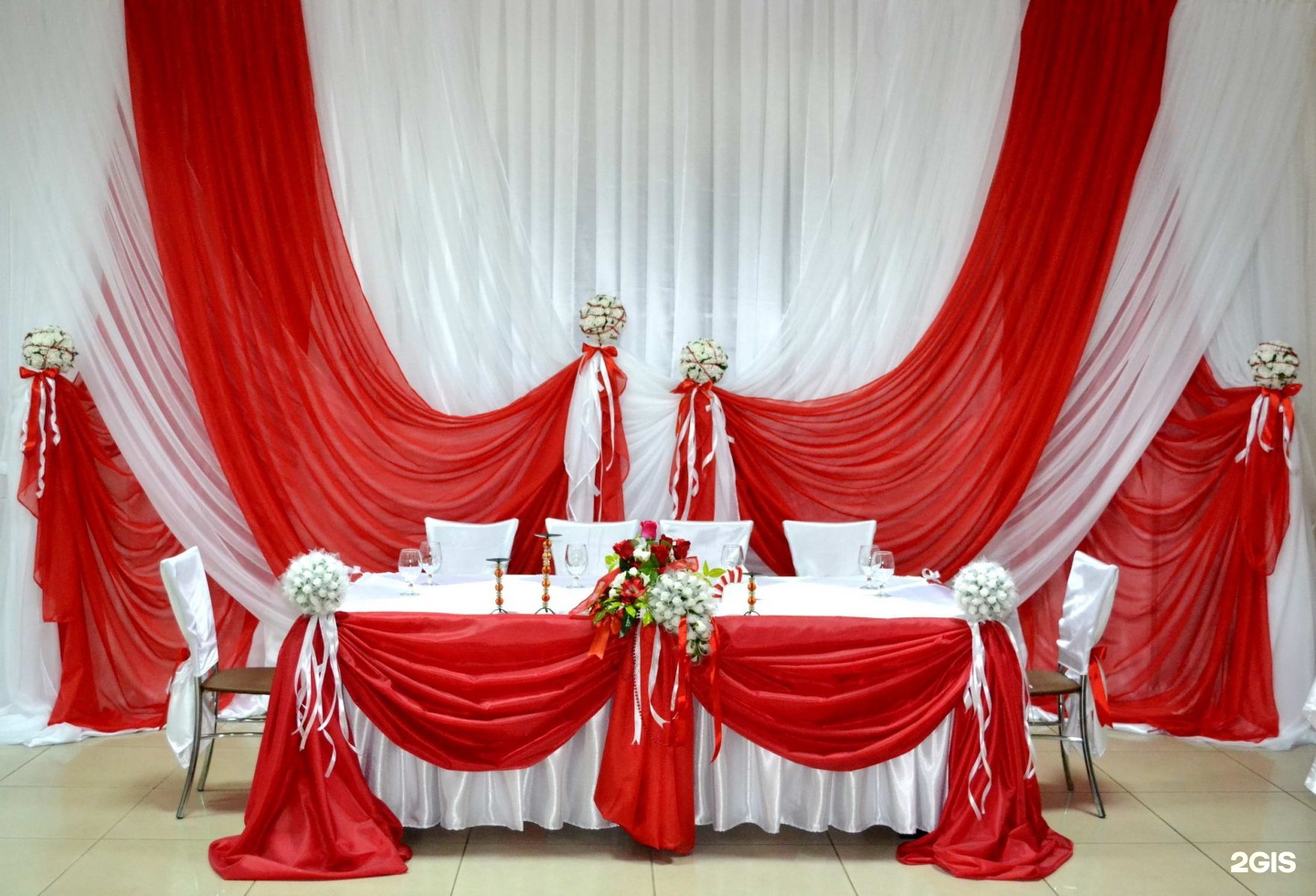 Украшение зала для свадьбы в красных цветах